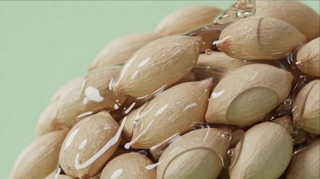 Cinematic macro liquid texture background with seed pattern focus soft glossy nut shell detail fluid surface natural organic art photography closeup nut oil splash drop smooth pastel green backdrop