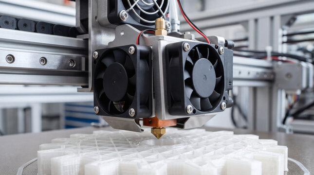 Industrial 3d printer head creating white plastic prototype part