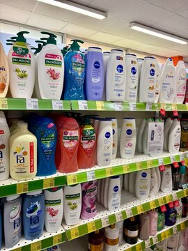 01.08.2026 Ukraine, Kharkov Shower Gel and Body Wash Bottles on Supermarket Shelves