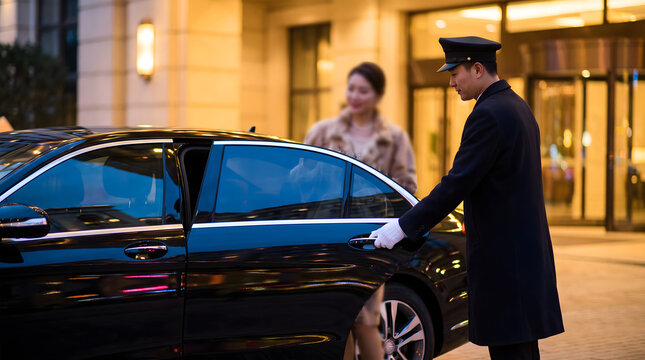 Hotel doorman in uniform opens car door for an elegant woman at night