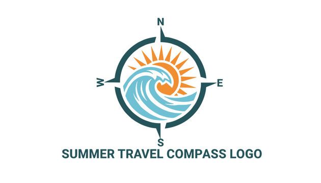 Summer travel compass logo with a wave and rising sun at the center showing north, south, east, and west directions.