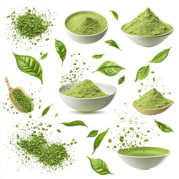 Matcha powder air isolated on white background,superfood powder,diet and healthy life,green tea powder,Japanese tea leaves,popular menu trendy, wellness concept.