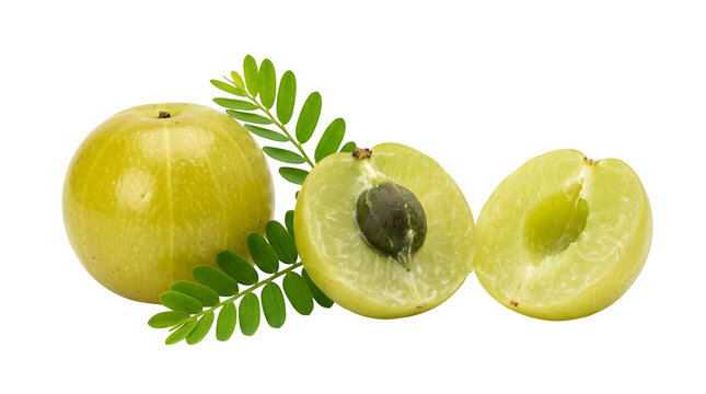 Fresh amla fruit with green leaves and sliced halves isolated on transparent background