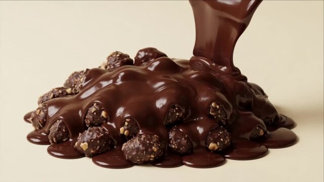 Cinematic macro liquid chocolate texture background flows over crunchy nut candy creating rich glossy swirl and indulgent dessert splash sweet food scene fantasy