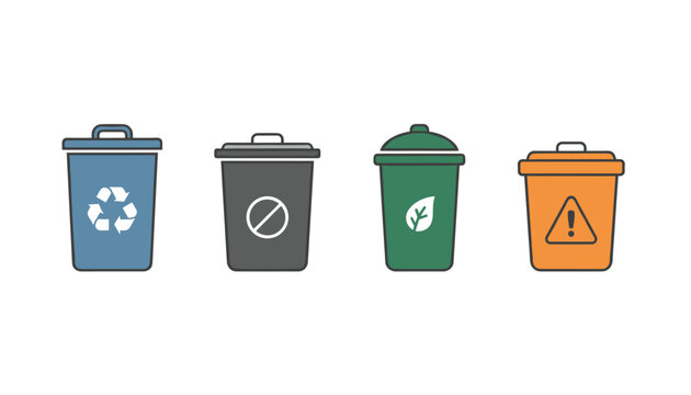 Four colorful waste recycling bins for different garbage types including organic, hazardous, and recyclable items.