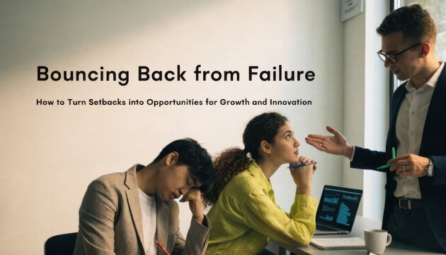 A business meeting where a man motivates colleagues, emphasizing turning setbacks into growth and innovation opportunities.