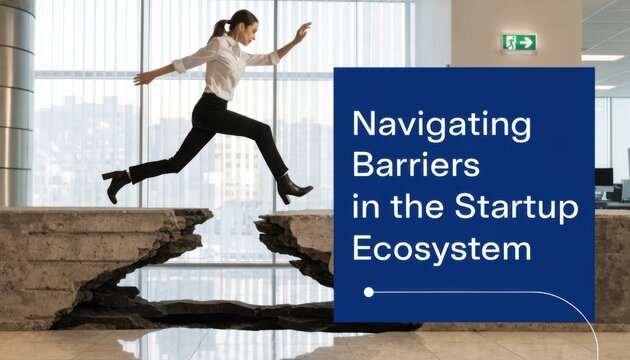 A professional woman leaps across a gap in a broken floor, symbolizing overcoming challenges in the startup ecosystem.