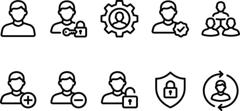 User profile and account management UI icon set with security, settings, team and permission symbols vector illustration