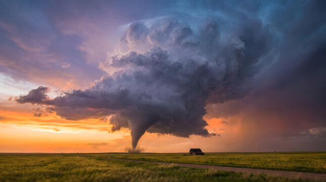 Tornado forming over grassland at dusk with isolated house and distant horizon