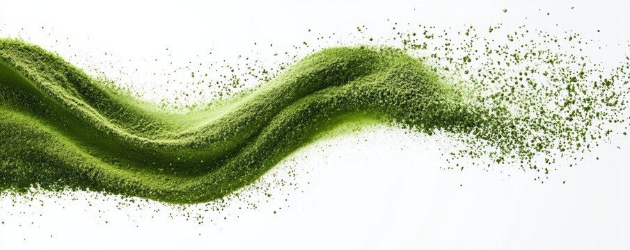 Matcha powder air isolated on white background,superfood powder,diet and healthy life,green tea powder,Japanese tea leaves,popular menu trendy, wellness concept.
