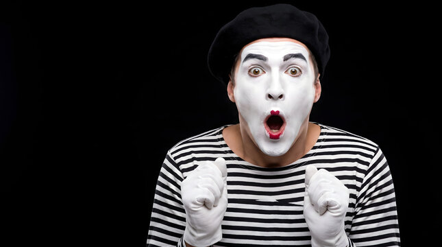 Mime artist with white face black beret striped shirt showing shocked expression