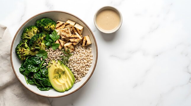 Healthy vegan buddha bowl with tofu and fresh green vegetables. grain bowl inspirations