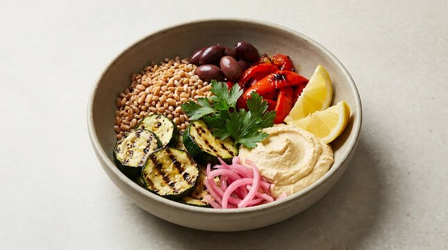 Healthy mediterranean grain bowl with grilled vegetables. grain bowl inspirations