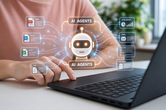 Person using laptop with ai agents and digital icons floating above screen