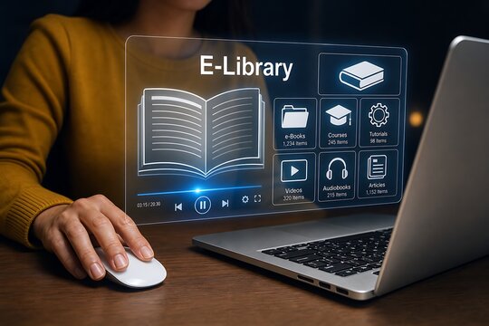Person using laptop with holographic e-library interface for digital learning