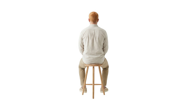 A man with red hair sitting on a wooden stool isolated on transparent background