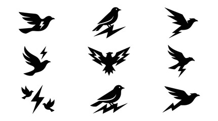 Fototapeta premium Bird silhouettes with lightning bolts and energy symbols.