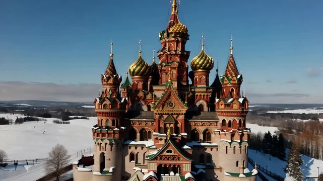 Stunning Aerial View of the Golden Domes and Ornate Architecture of a Russian Orthodox Church in Winter.