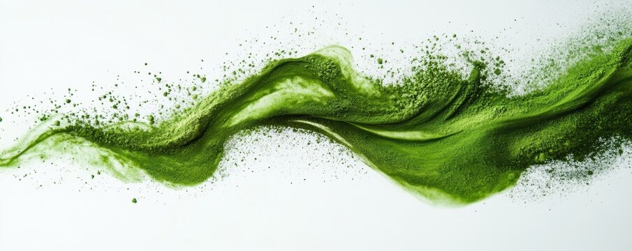 Matcha powder air isolated on white background,superfood powder,diet and healthy life,green tea powder,Japanese tea leaves,popular menu trendy, wellness concept.
