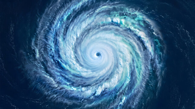 Satellite view of a powerful typhoon with spiral cloud system and distinct eye wall