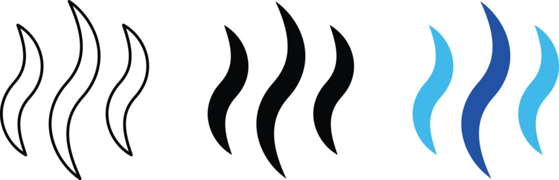 Steam wave icon set. Hot vapor lines symbol. aroma, heat, smoke, odor and warm temperature design. Thermal energy sign. Vector design in outline and solid styles