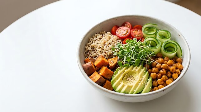 Healthy vegan buddha bowl with avocado and fresh vegetables. grain bowl inspirations