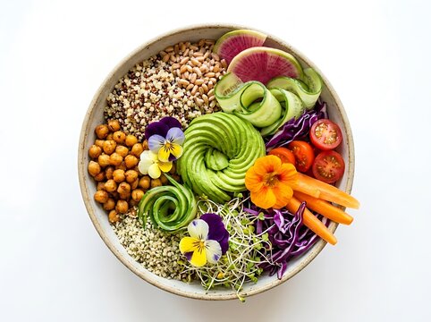 Healthy vegan buddha bowl with avocado and fresh vegetables. grain bowl inspirations