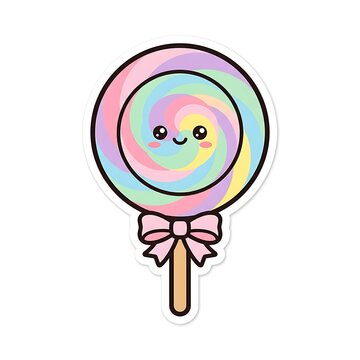 Kawaii Rainbow Swirl Lollipop: A charming, pastel-colored swirl lollipop with a cute, smiling face and a pink bow, presented on a stick, evoking sweetness and playful delight.