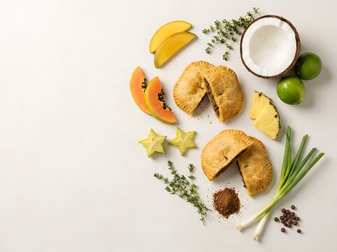 Fresh jamaican beef patties with tropical fruit and herbs. Jamaican Cuisine