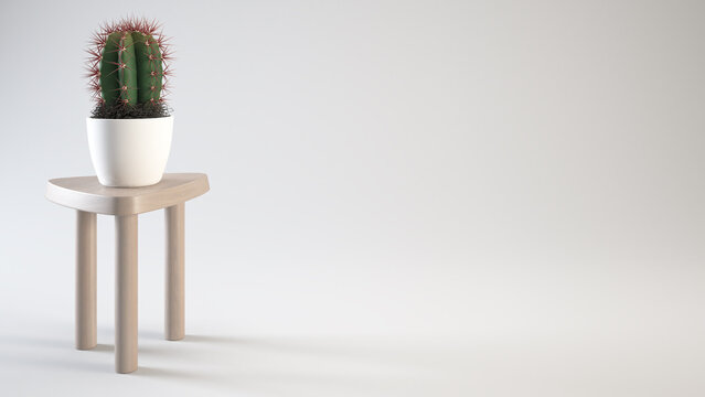 Green prickly spherical cactus white plant pot small wooden three legged stool.
