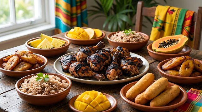 Roasted chicken with tropical fruits and side dishes. Jamaican Cuisine