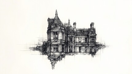 Fototapeta premium Detailed architectural sketch of a grand house, reflected