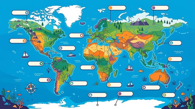 Colorful world map illustration with blank callout labels