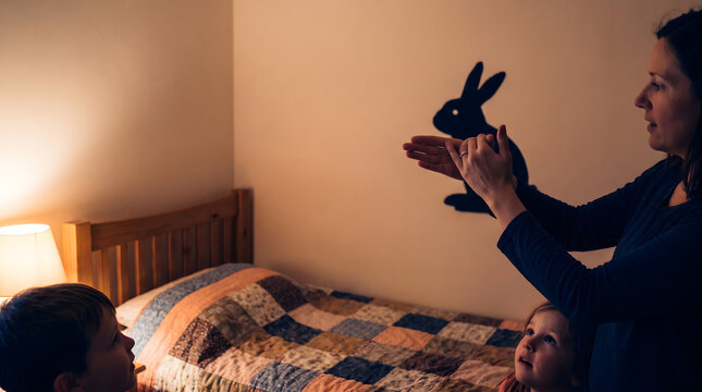Mother performing a rabbit hand shadow puppet show for her children in a cozy bedroom