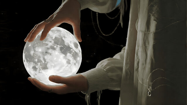 A person wearing a white dress gently holds a glowing crystal ball that closely resembles the full moon against a dark background.
