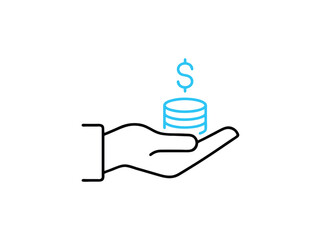 Fototapeta premium Minimalist hand holding money coins vector icon, financial growth and investment concept, blue and black line art for banking and savings