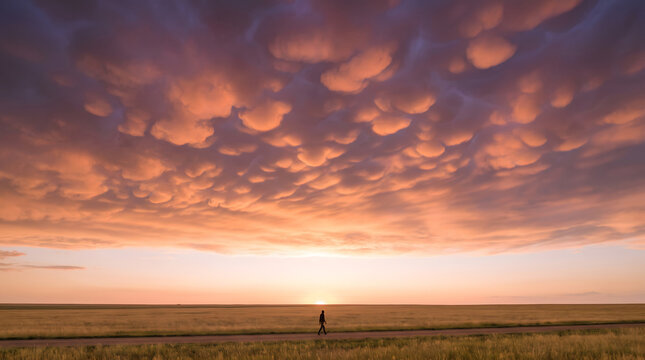 Sunset with mammatus clouds over grassland and a silhouetted walker on the horizon