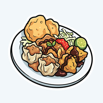 Traditional Indonesian Siomay Batagor Dumpling Peanut Sauce Illustration