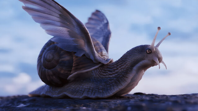 A fantasy snail with large feathery wings resting on a rocky surface against a soft blue sky background.