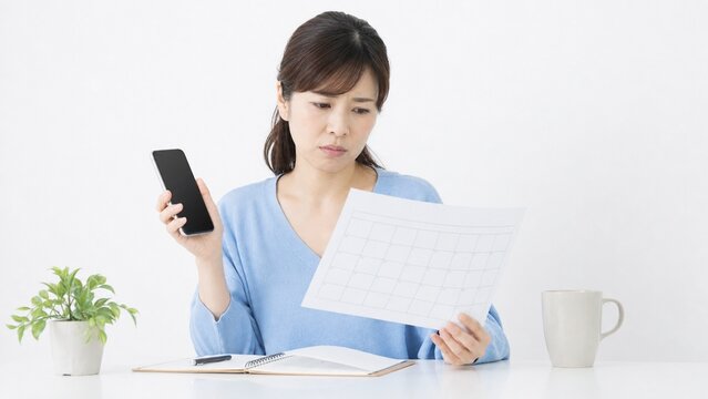 家族予定を確認する日本人女性の白背景生活素材