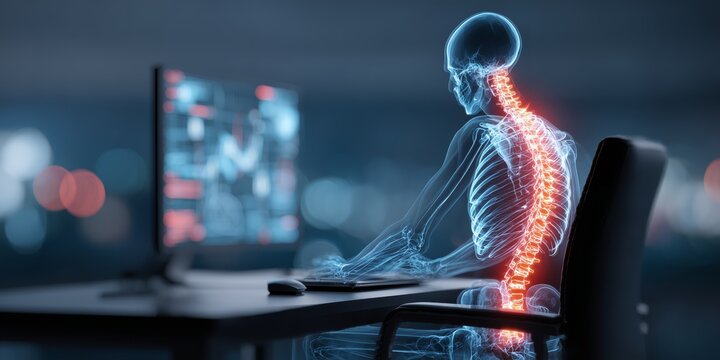 Skeletal figure experiencing back pain while working at a computer desk in a modern office environment.