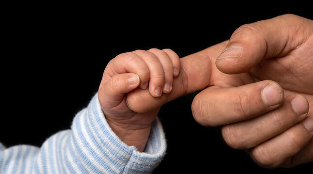 Newborn baby hand tightly gripping adult finger in close-up shot