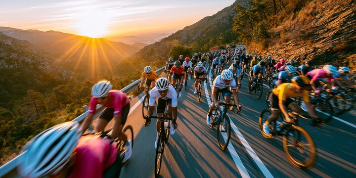 A large peloton of professional cyclists races along a winding mountain road during a golden sunset.