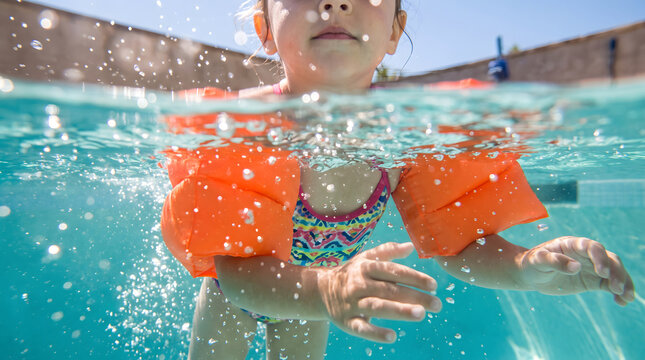 Little girl swimming underwater wearing orange floaties in a pool with bubbles and sunlight