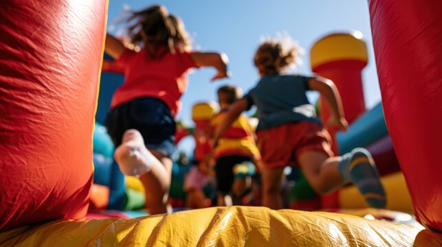 Children racing inside colorful inflatable castle on sunny day