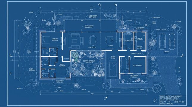 Architectural blueprint ground floor plan of modern desert house