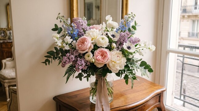 Beautiful flower bouquet in glass vase on wooden table