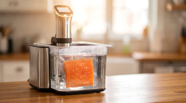 Salmon being sous vide cooked in a vacuum sealed bag on a kitchen countertop with modern immersion circulator