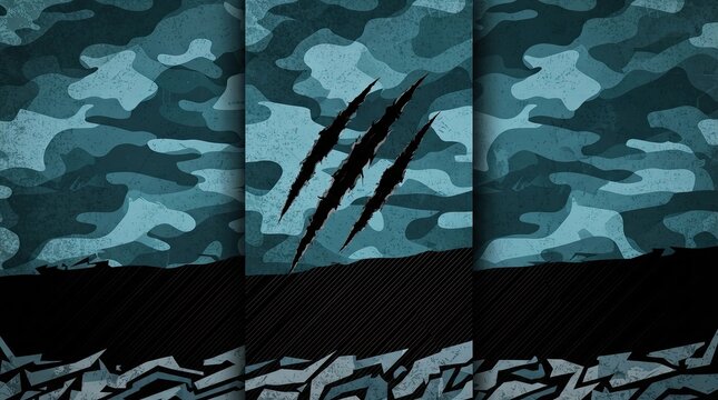 Blue digital camouflage texture with black claw rips.