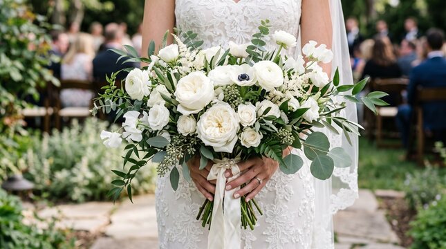 bride holding a beautiful white wedding flower bouquet